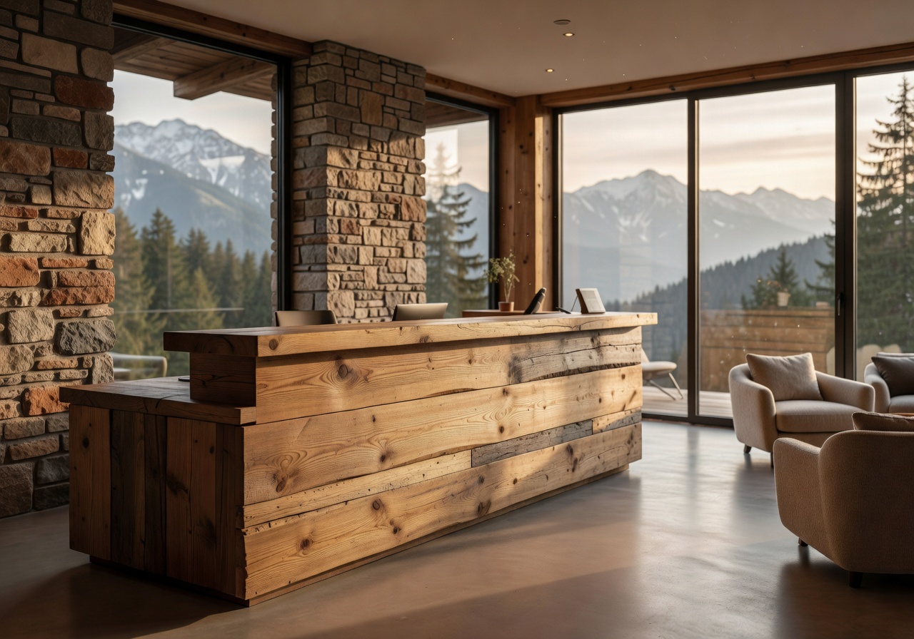 Modern laptop setup in a bright, scenic cabin workspace