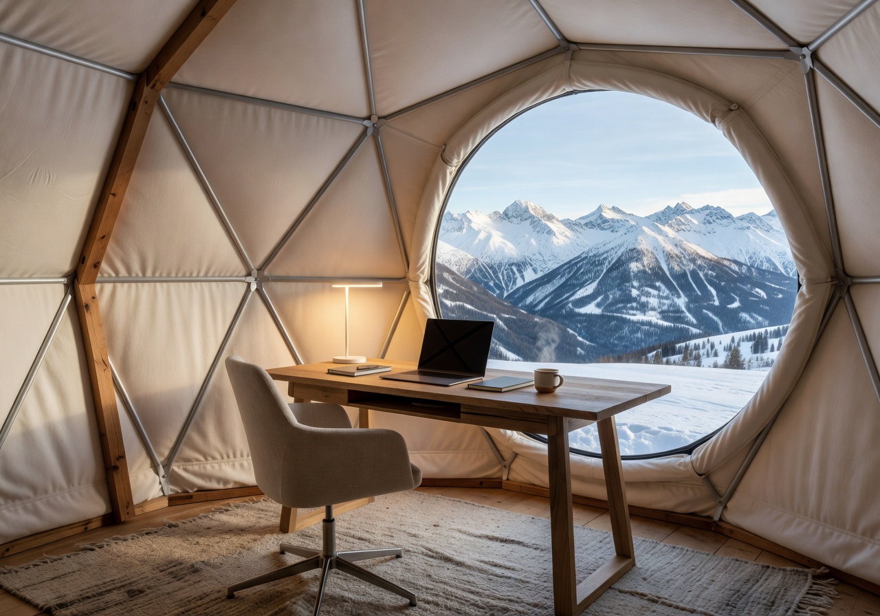 Whitepod Eco-Luxury Hotel dome tent workspace setup